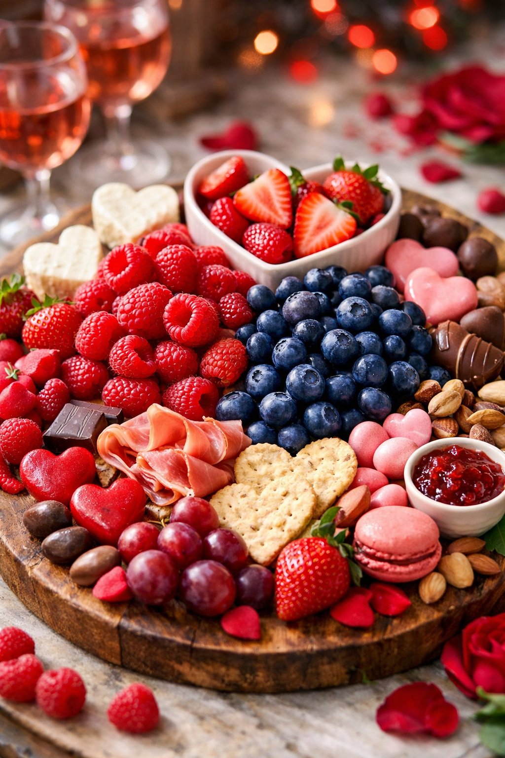 A Valentine's Day charcuterie board featuring fresh raspberries and blueberries arranged with other fresh ingredients on a rustic wooden or marble surface.