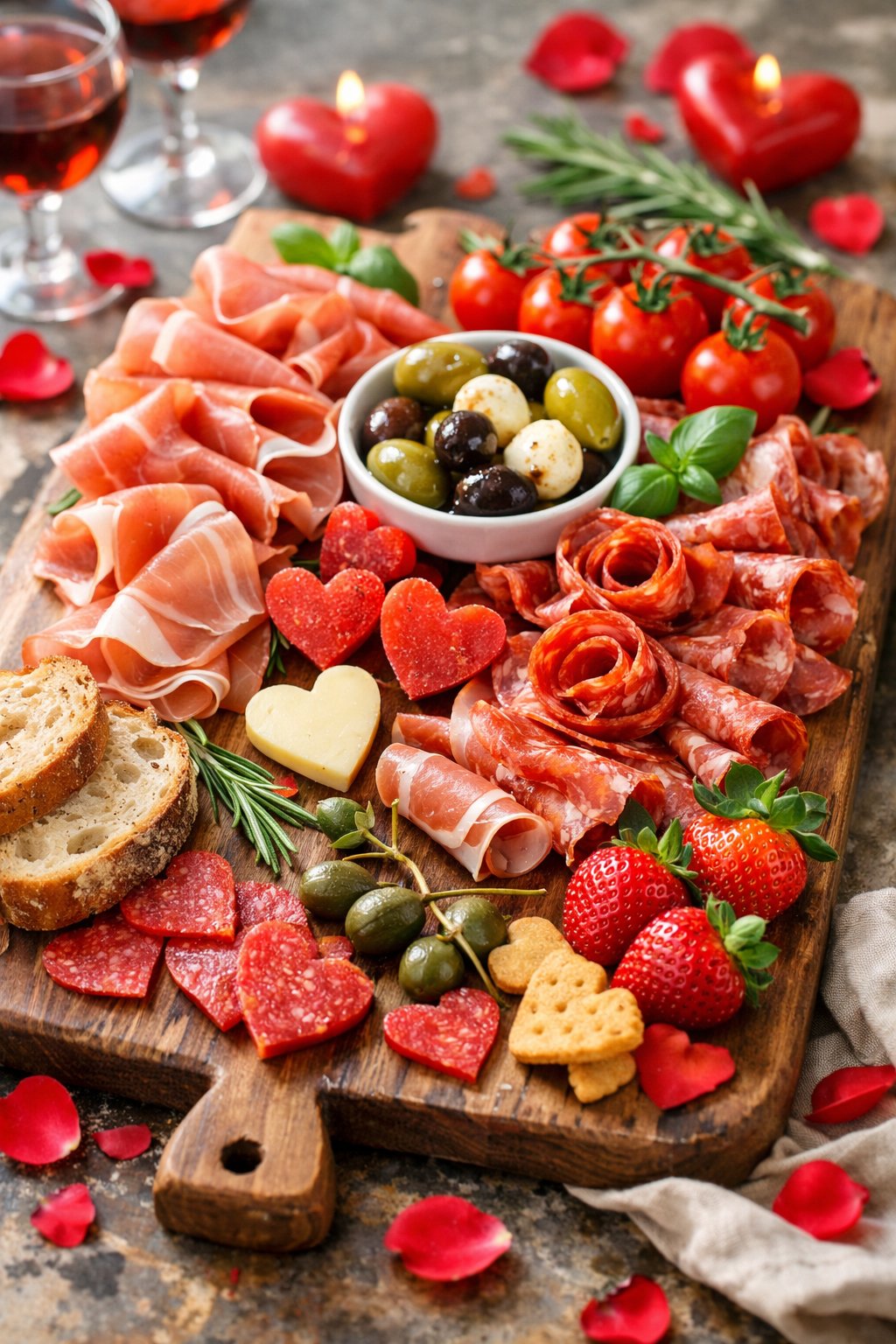 A charcuterie board with prosciutto, salami, olives, cherry tomatoes, herbs, and bread on a rustic wood or marble surface.