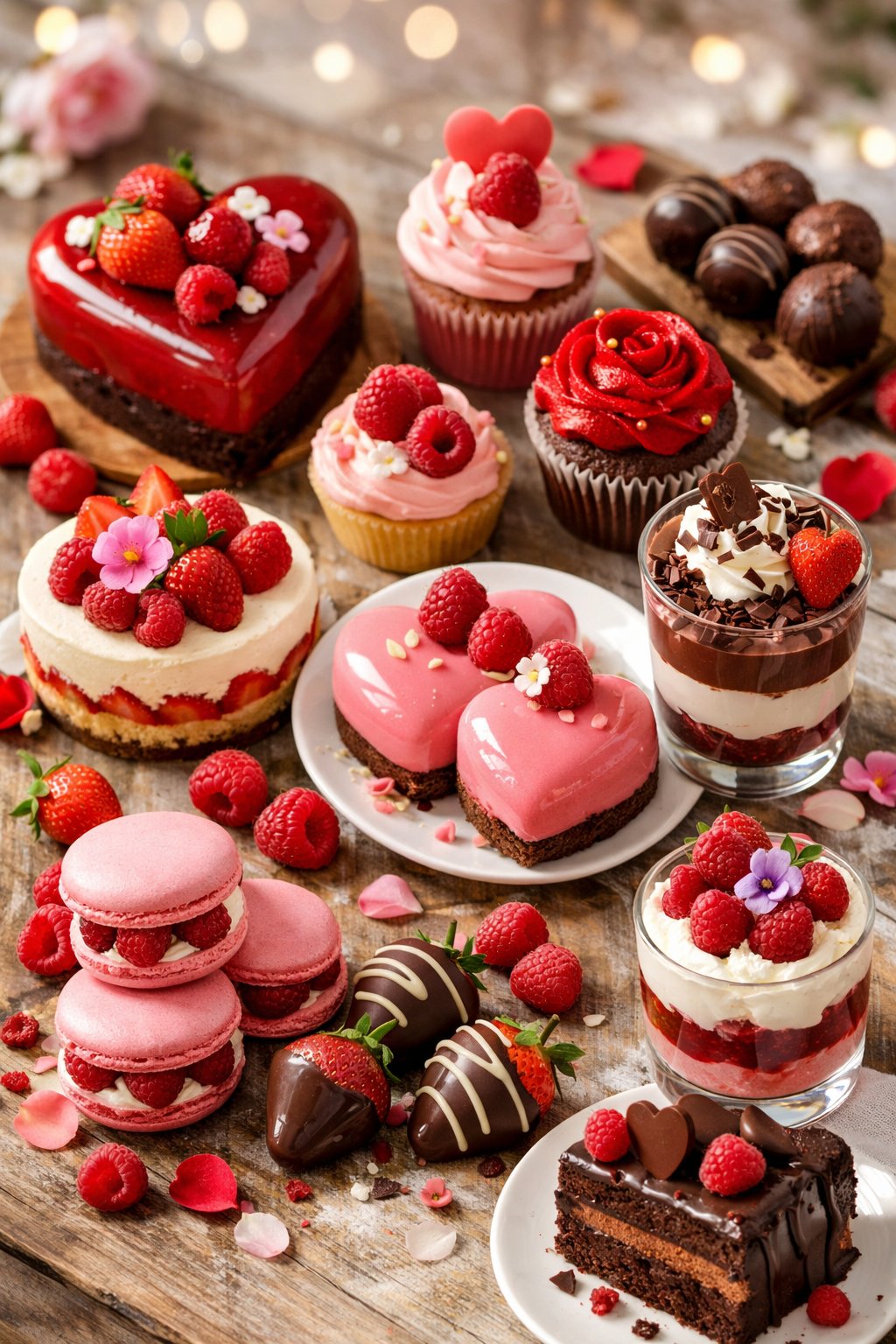Nine Valentine's Day desserts including heart-shaped cakes, cupcakes, chocolate truffles, macarons, and mousse cups arranged on a rustic surface with fresh fruit garnishes.