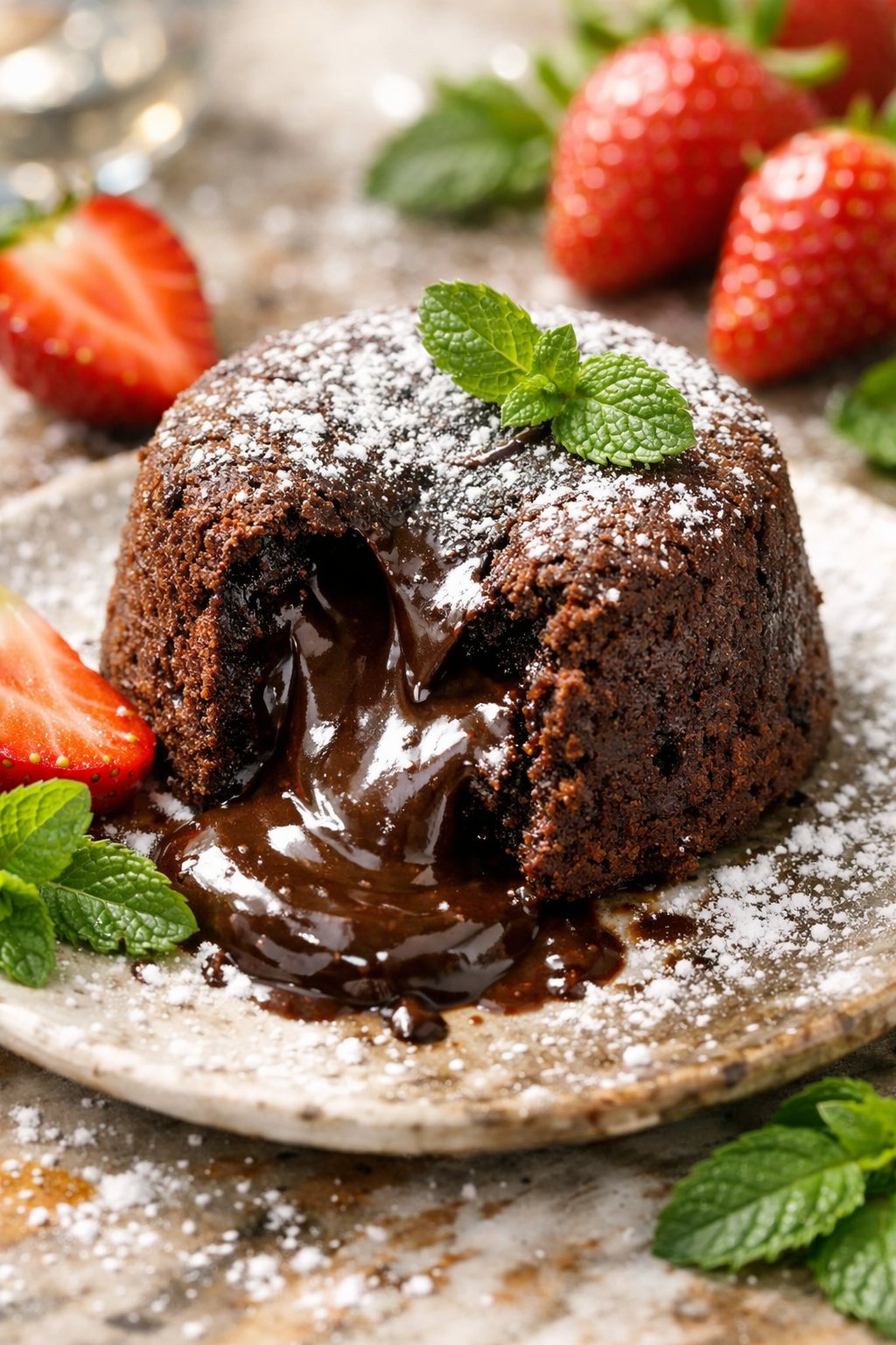 A chocolate lava cake with molten center on a rustic surface, garnished with strawberries and mint leaves.