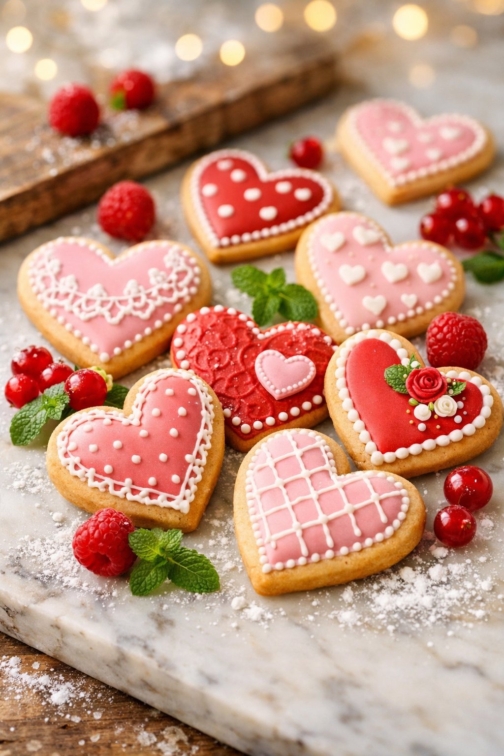Heart-shaped sugar cookies decorated with icing on a wooden or marble surface, surrounded by fresh berries and mint leaves.