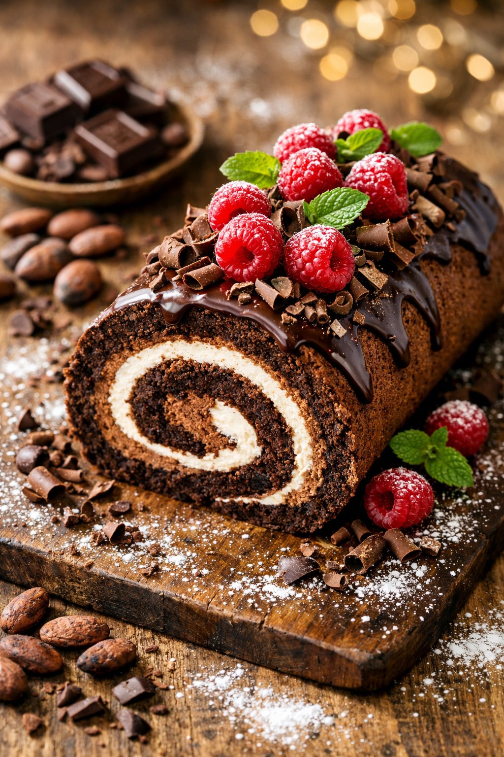 A triple-chocolate roll cake on a rustic wooden surface with fresh raspberries and mint leaves around it.