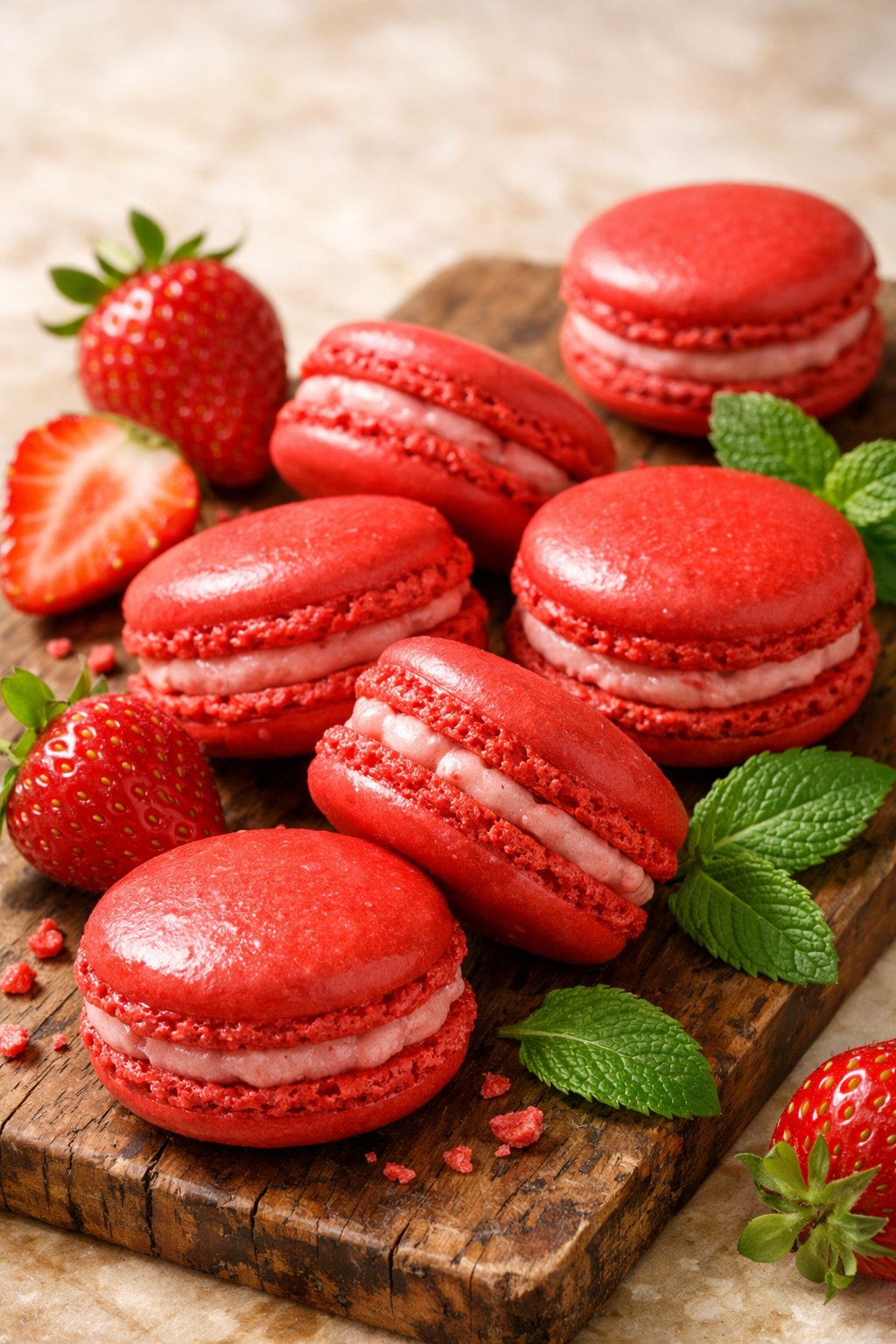 A plate of bright red strawberry macarons with fresh strawberries and mint leaves on a wooden surface.