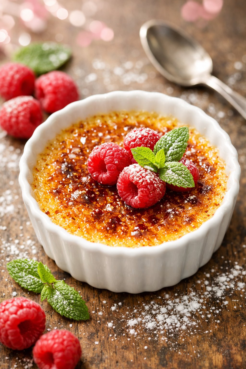 A close-up of a caramelized Crème Brûlée dessert on a rustic wood or marble surface, surrounded by fresh raspberries and mint leaves.