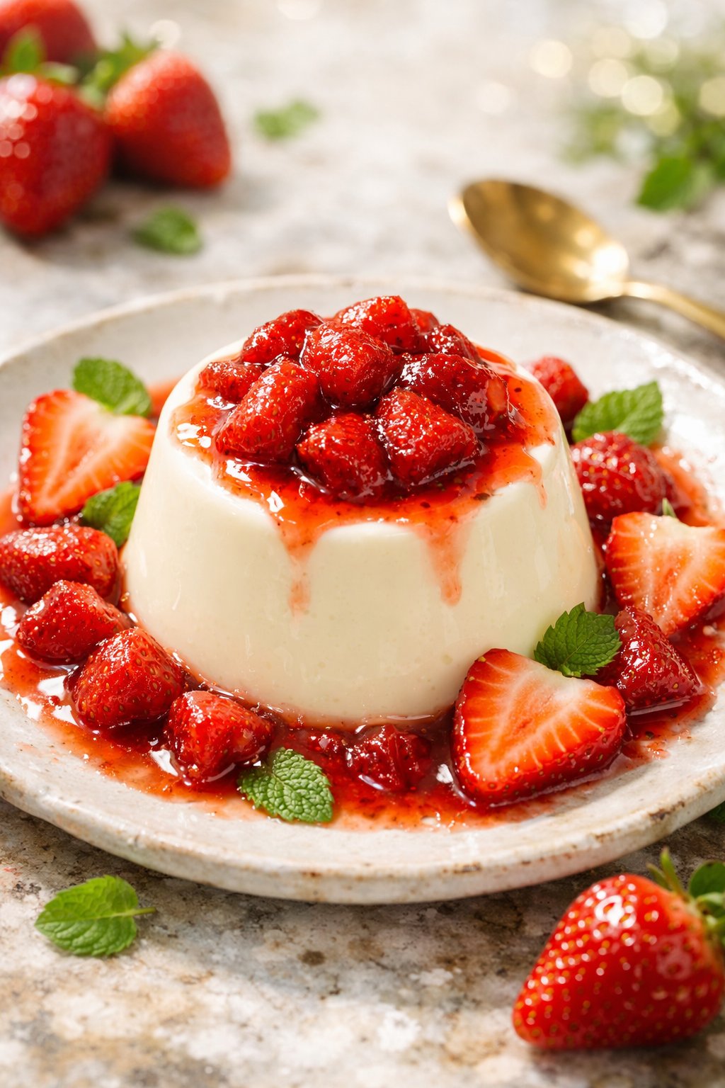 A white chocolate panna cotta topped with stewed strawberries on a rustic surface, surrounded by fresh strawberries and mint leaves.