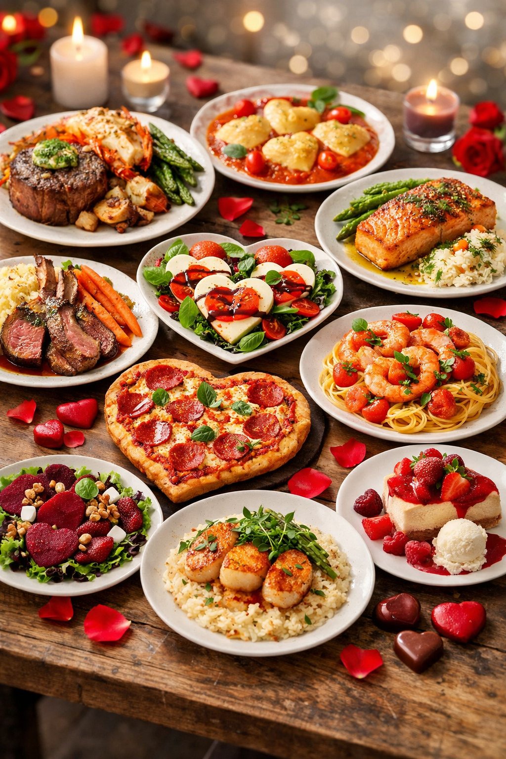 An overhead view of ten colorful Valentine's Day meals arranged on a rustic surface, featuring fresh ingredients and vibrant colors.