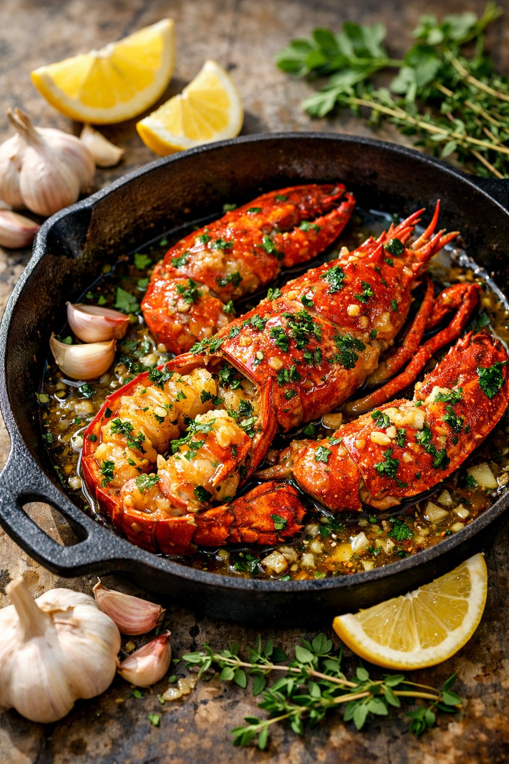 A pan-roasted lobster with garlic butter served on a rustic surface, surrounded by fresh herbs and lemon wedges.