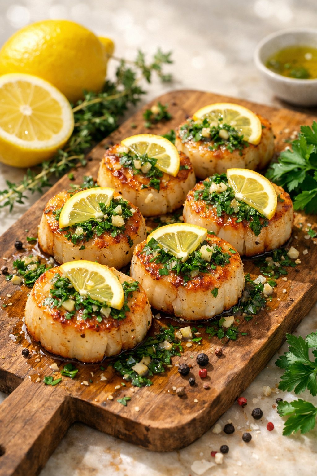 A plate of seared scallops with lemon herb sauce on a rustic wooden or marble surface, surrounded by fresh herbs and lemon slices.