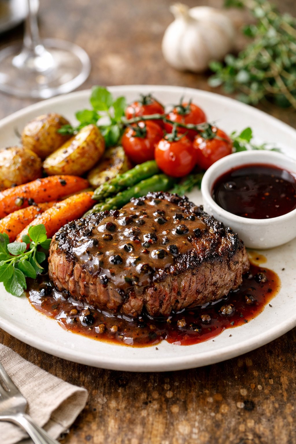 A plated steak with peppercorn sauce and roasted vegetables on a rustic surface.