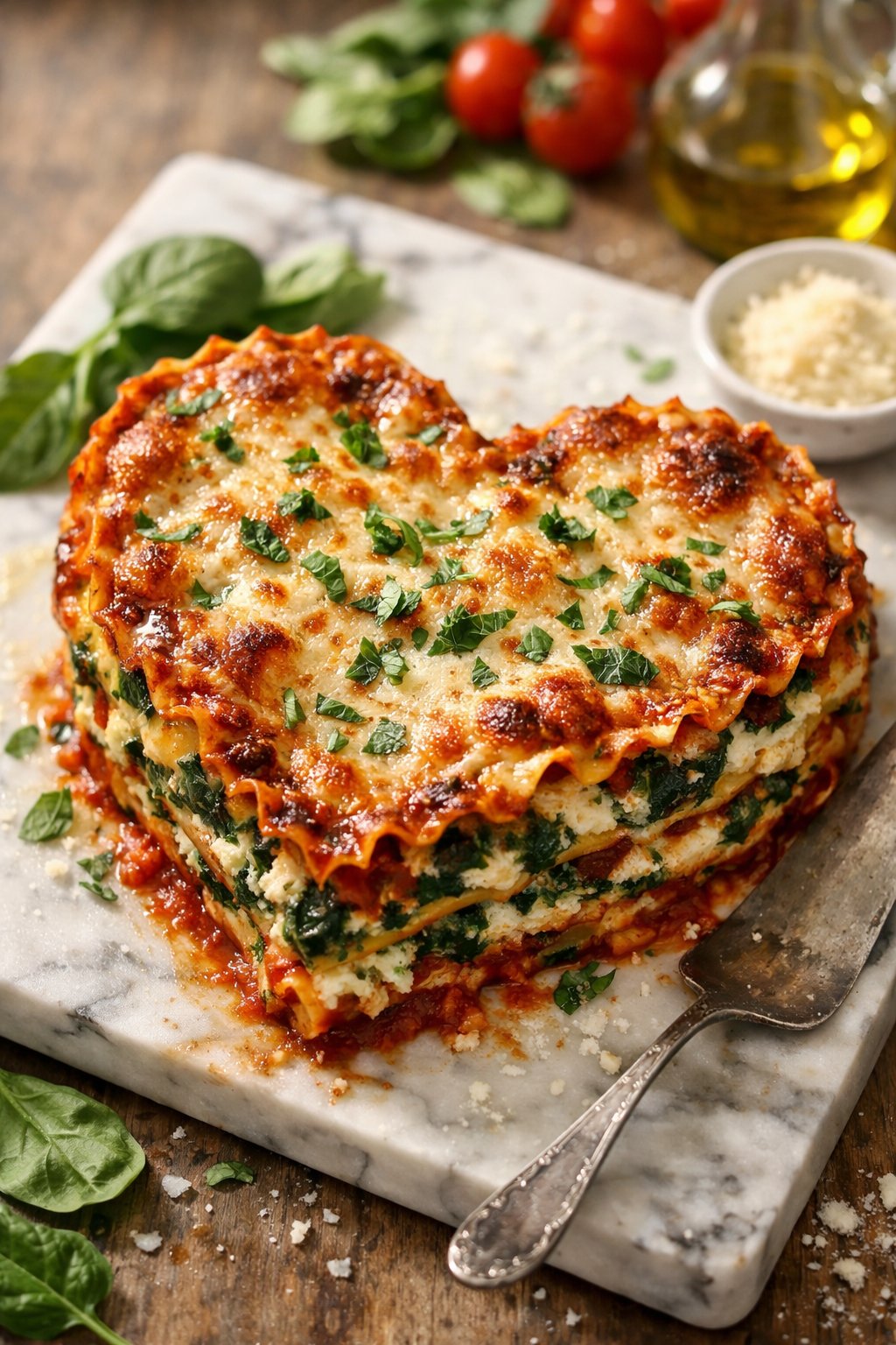 Heart-shaped spinach and ricotta lasagna on a rustic surface with fresh ingredients visible and a blurred background.
