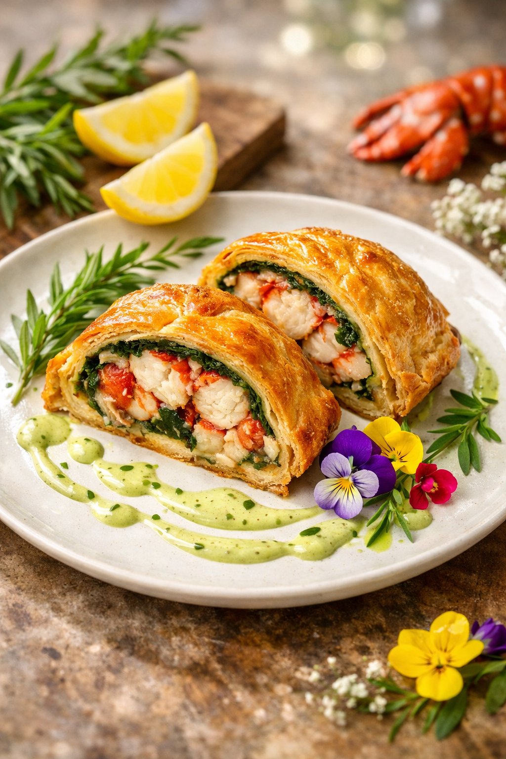 A plated Lobster Wellington with tarragon cream sauce on a rustic surface, garnished with fresh herbs and lemon wedges.