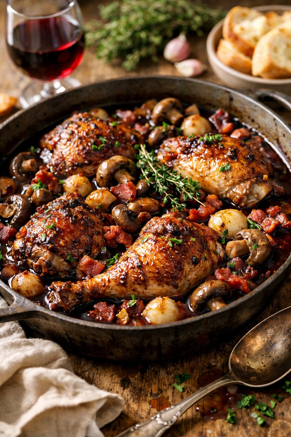 Top view of a plate with chicken, mushrooms, and bacon on a rustic surface, surrounded by fresh herbs.
