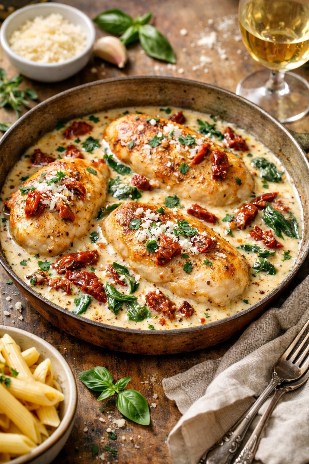 Overhead view of a creamy Parmesan chicken dish with sun-dried tomatoes on a rustic surface, garnished with fresh herbs.