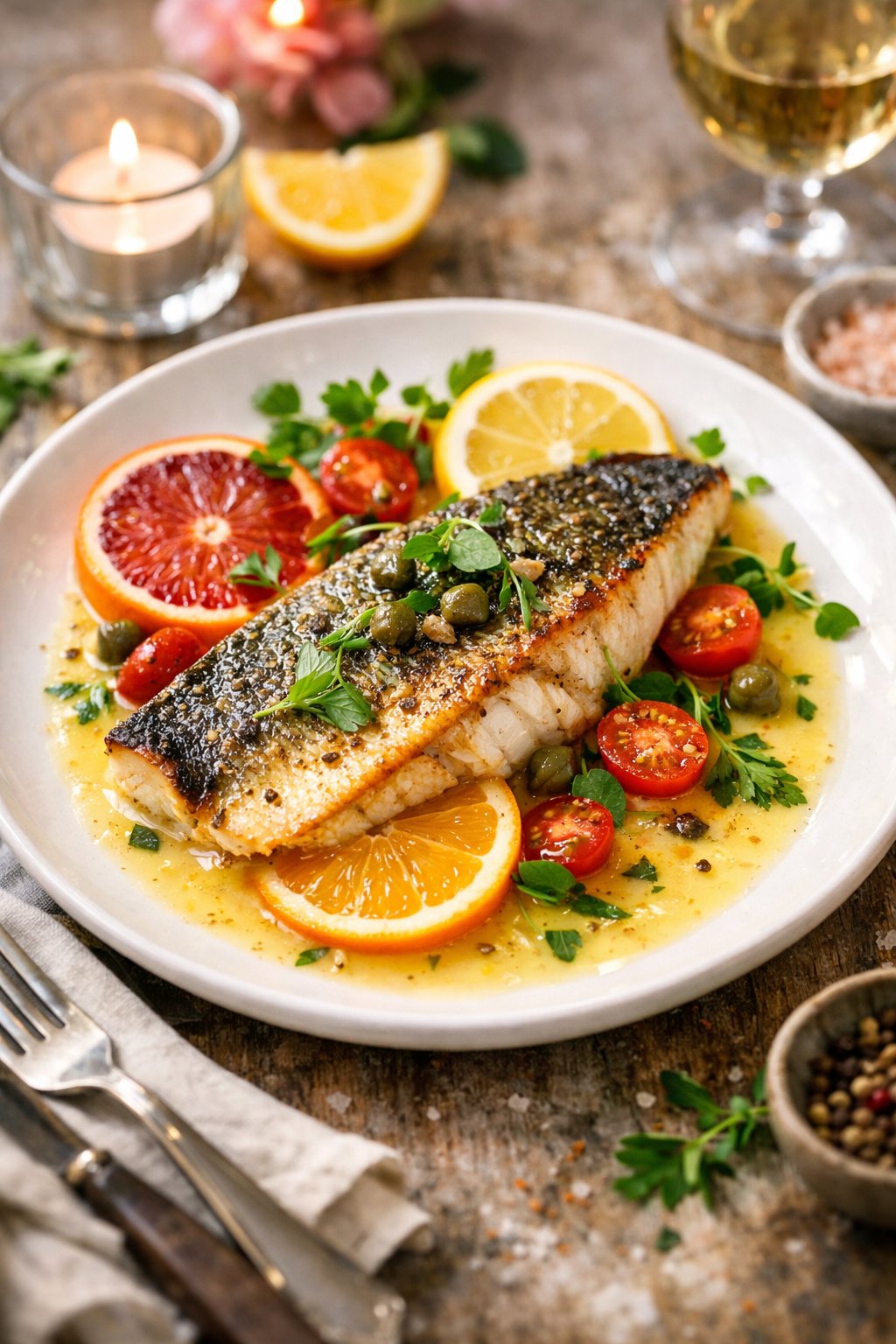 A plated sautéed sea bass with citrus sauce on a rustic surface, garnished with fresh herbs and citrus slices.