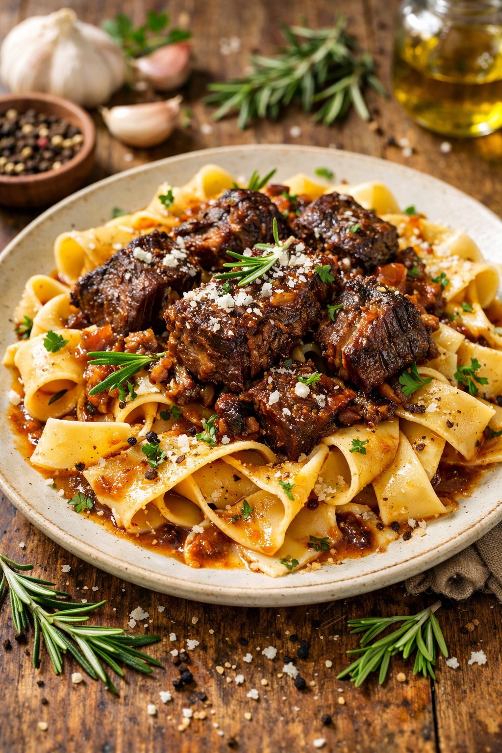A plate of pappardelle pasta topped with braised short ribs and fresh herbs on a rustic wooden surface.