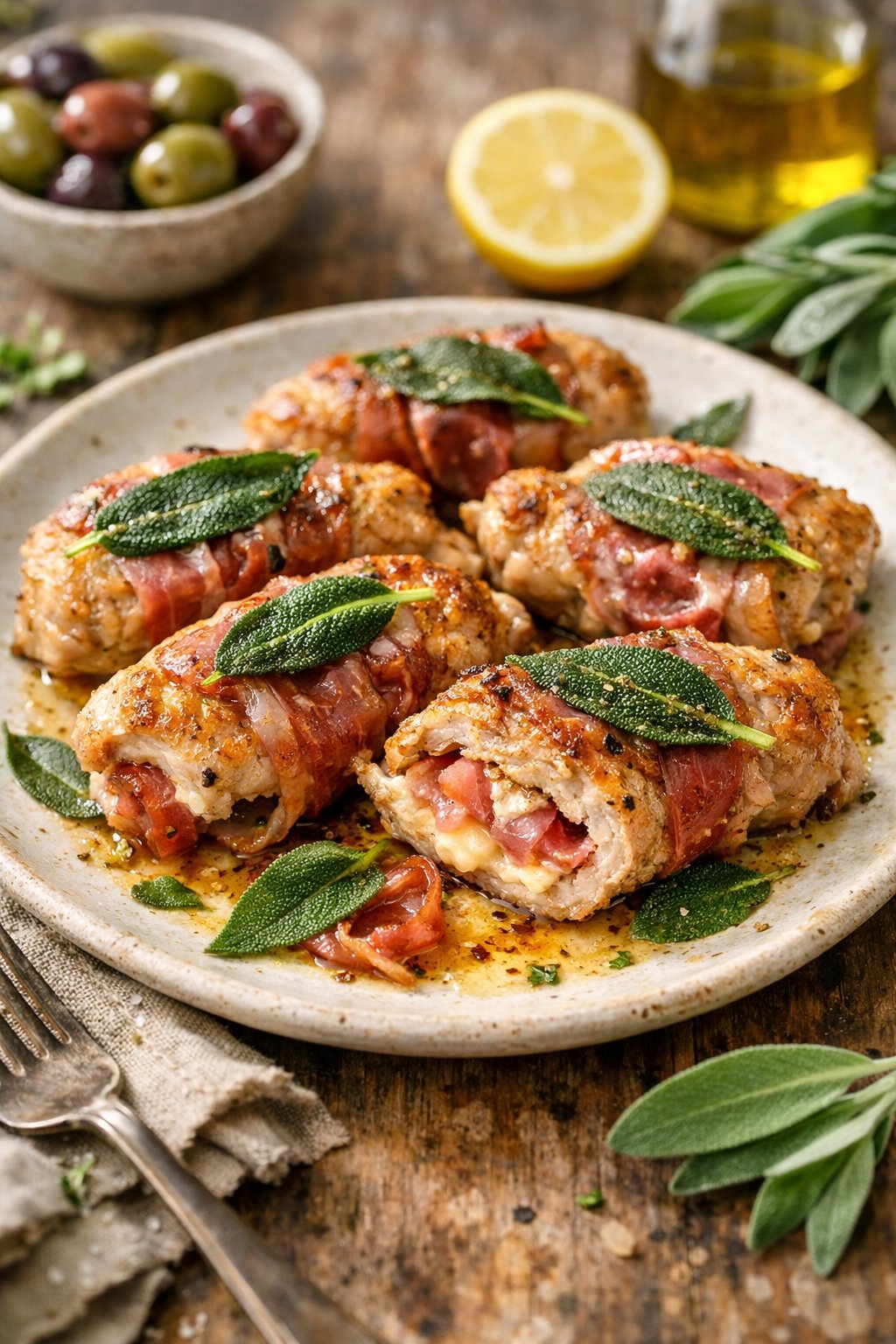 A plate of stuffed pork scallopini with sage and prosciutto on a rustic surface, surrounded by fresh ingredients.