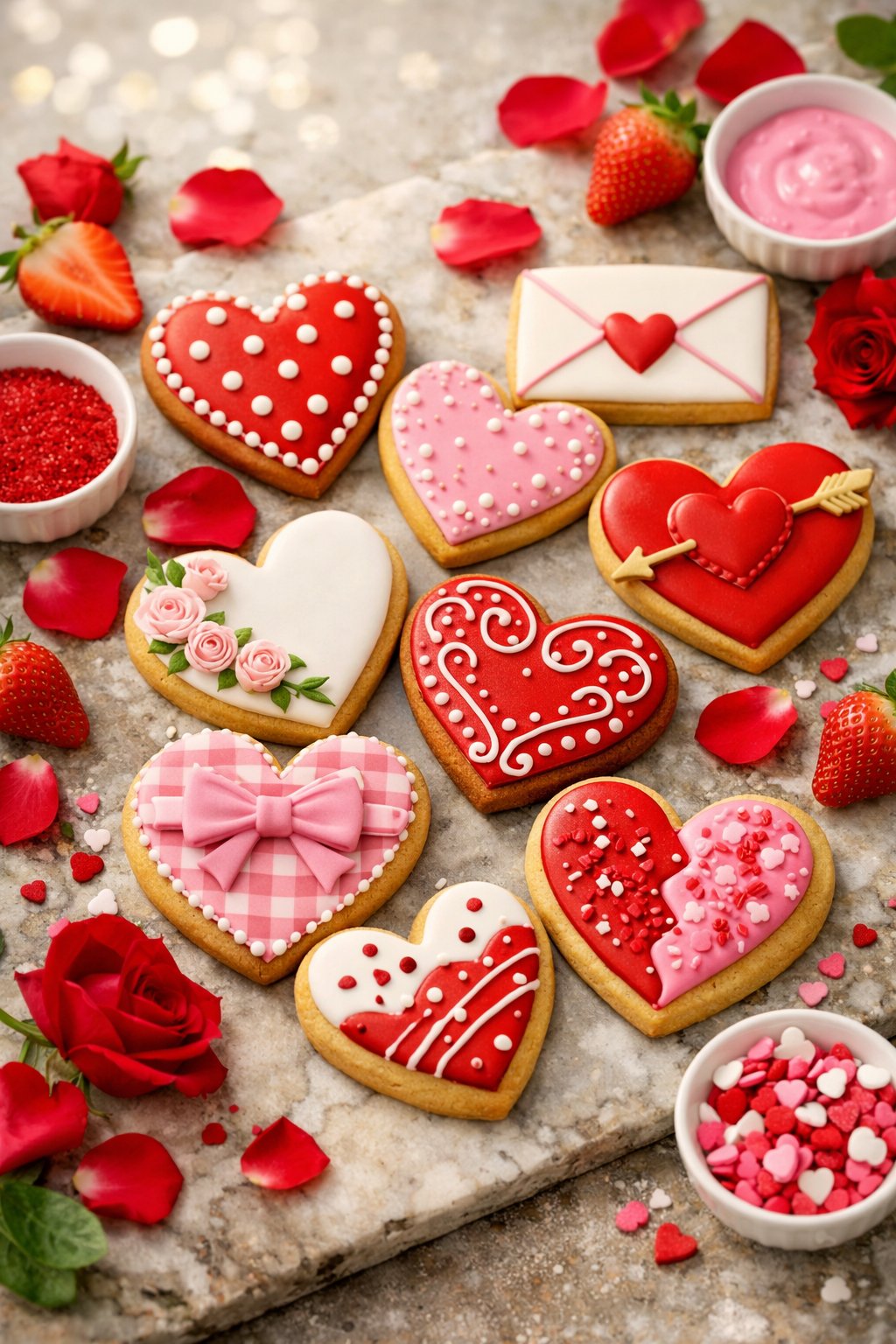 Nine Valentine's Day sugar cookies decorated with red, pink, and white icing arranged on a rustic surface with strawberries and rose petals nearby.