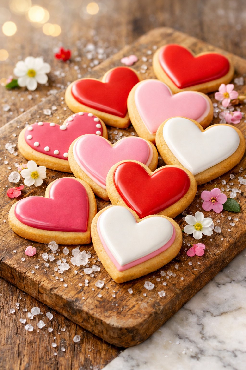 Heart-shaped sugar cookies decorated with royal icing arranged on a rustic wooden surface with blurred background.