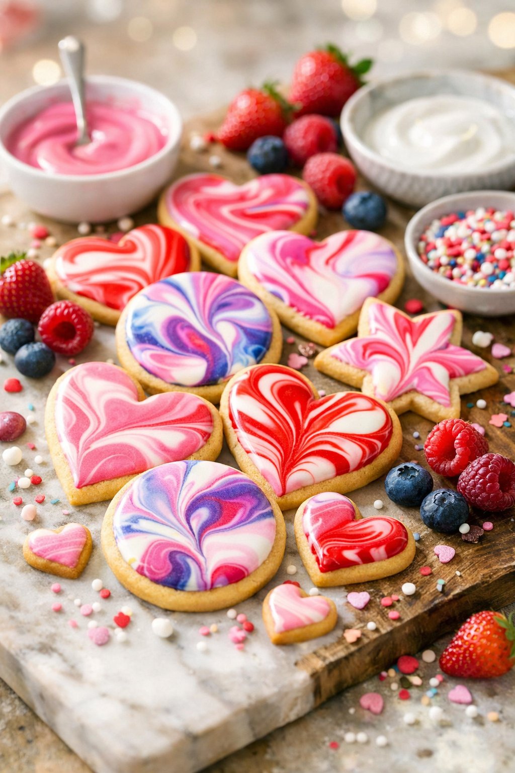 A close-up view of marbled icing sugar cookies arranged on a rustic surface with fresh ingredients around them.