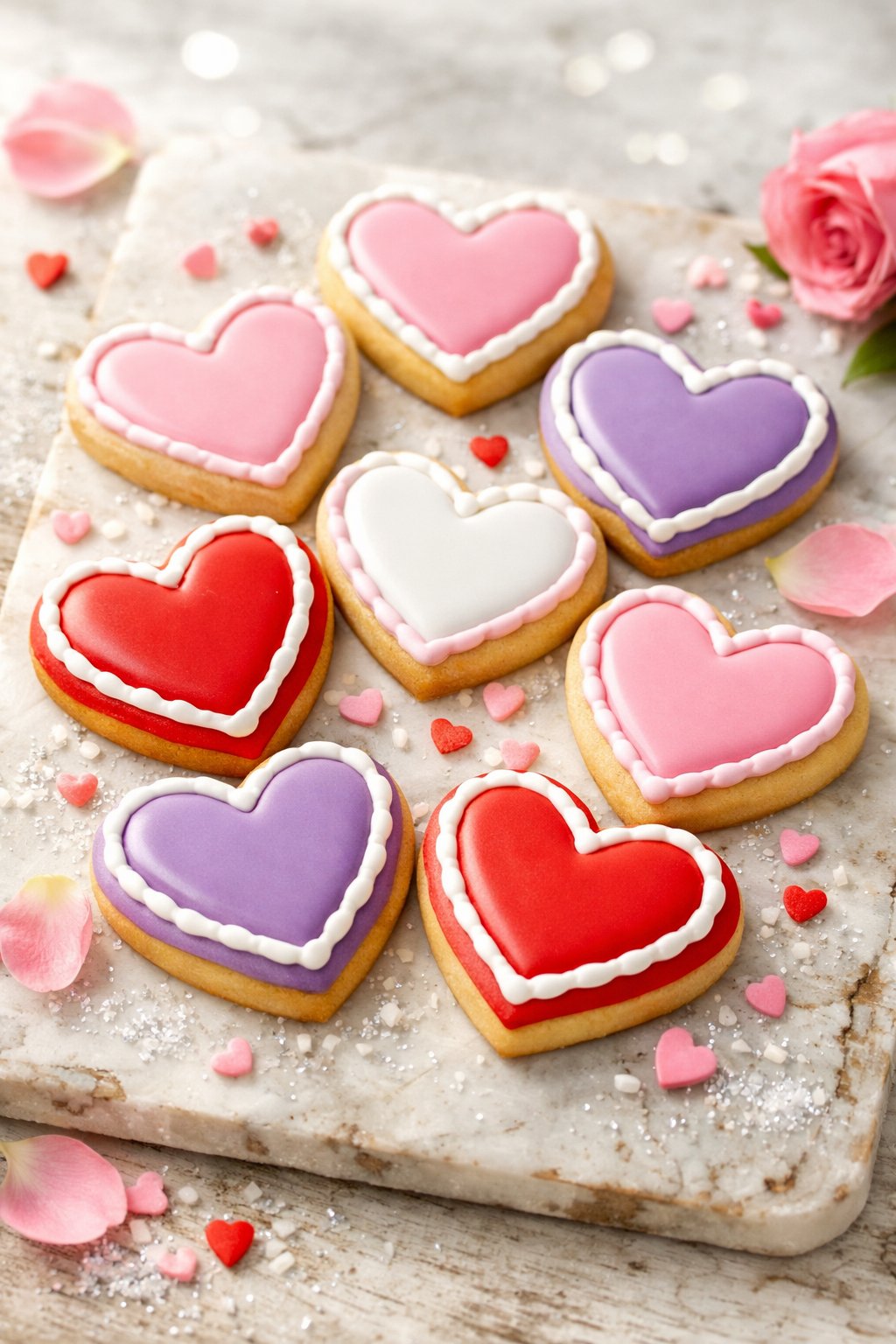 Nine colorful Valentine's Day sugar cookies decorated like conversation hearts arranged on a rustic surface with scattered sprinkles and rose petals.