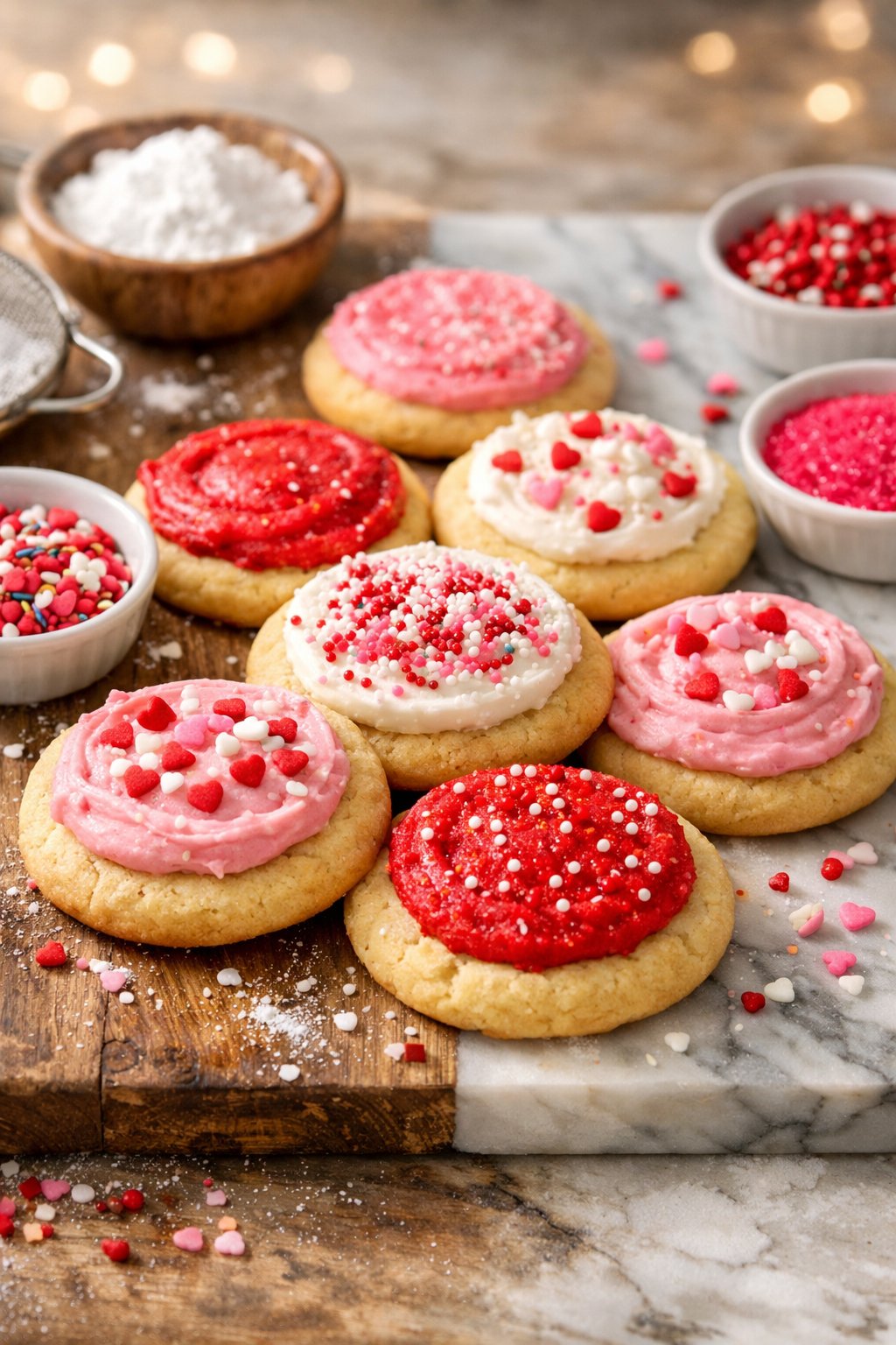 A top or angled view of soft sugar cookies with thick centers and crisp edges arranged on a rustic wood surface with colorful decorating ingredients around them.