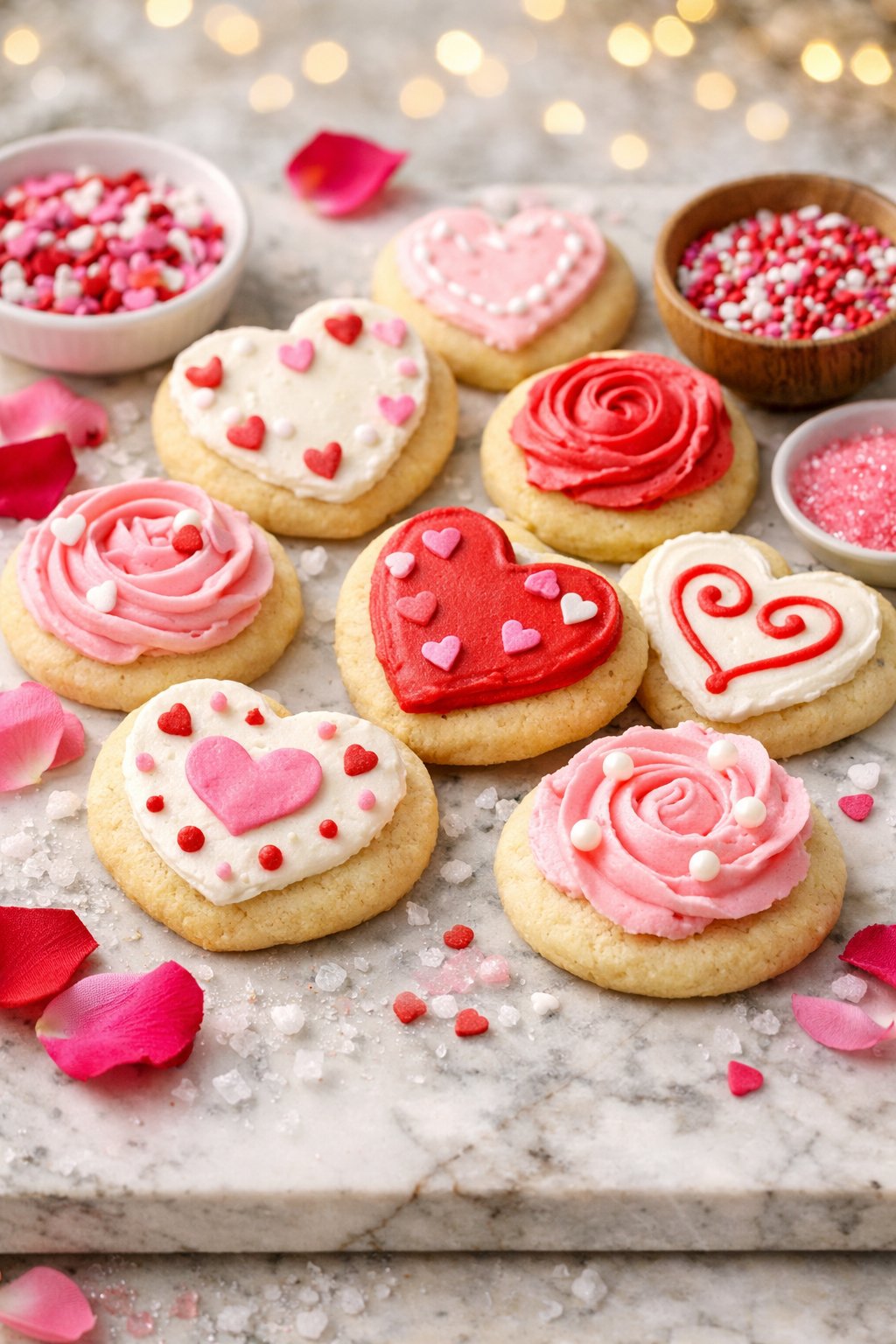 A close-up overhead view of buttercream frosted sugar cookies decorated with Valentine’s Day designs on a rustic wood or marble surface, surrounded by rose petals and sprinkles.
