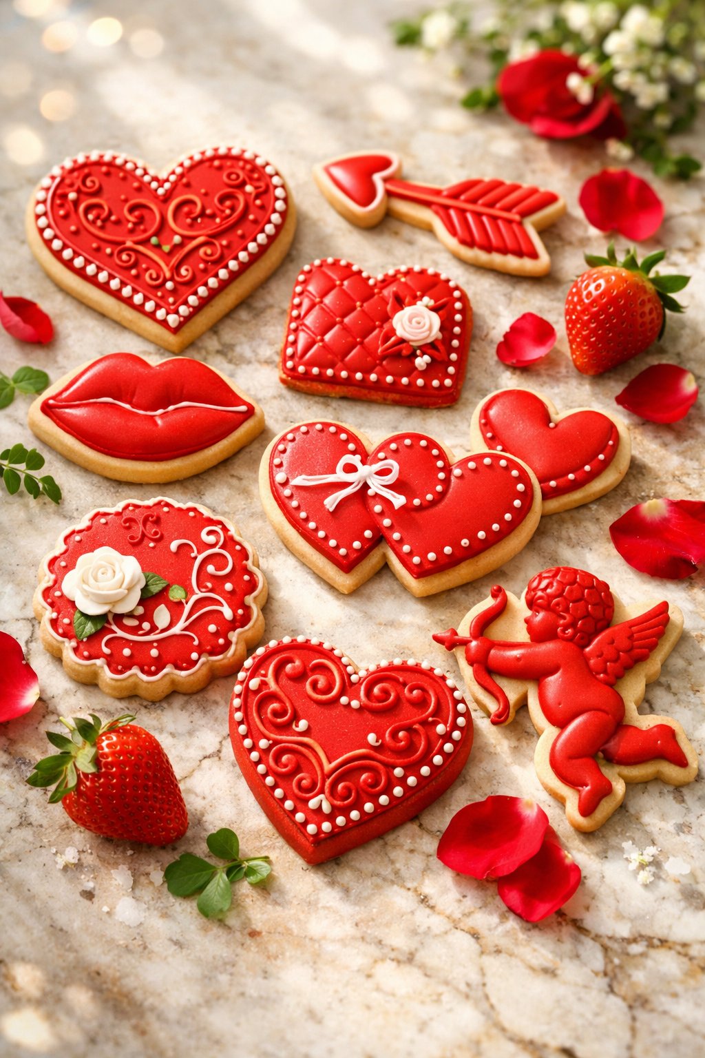 Nine red royal icing decorated sugar cookies arranged on a rustic wood or marble surface with fresh strawberries and rose petals.