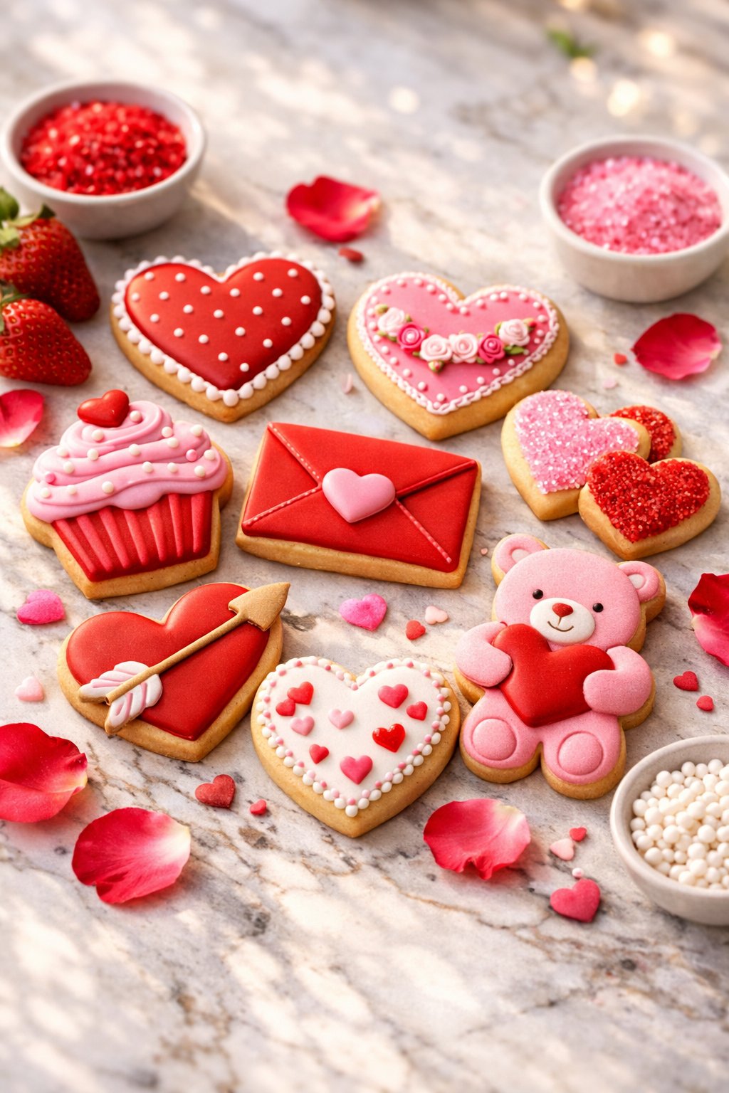 Nine decorated Valentine's Day sugar cookies arranged on a rustic surface with fresh strawberries and rose petals.