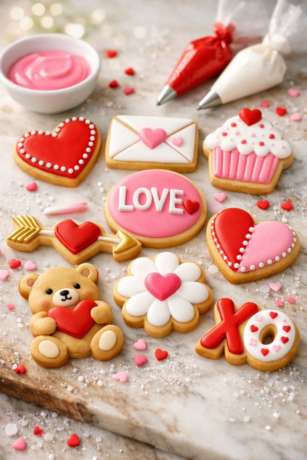 Nine decorated Valentine's Day sugar cookies arranged on a rustic surface with fresh decorating ingredients around them.