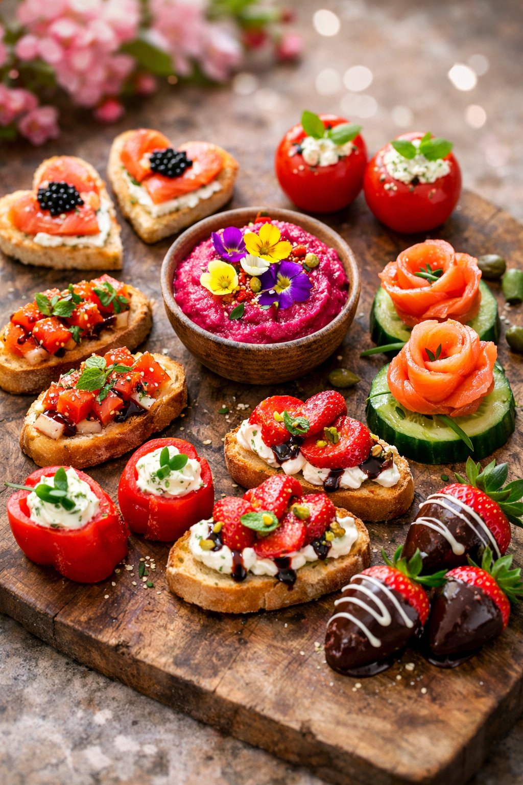 A top-down view of eight colorful Valentine's Day appetizers arranged on a rustic wooden surface with fresh ingredients.