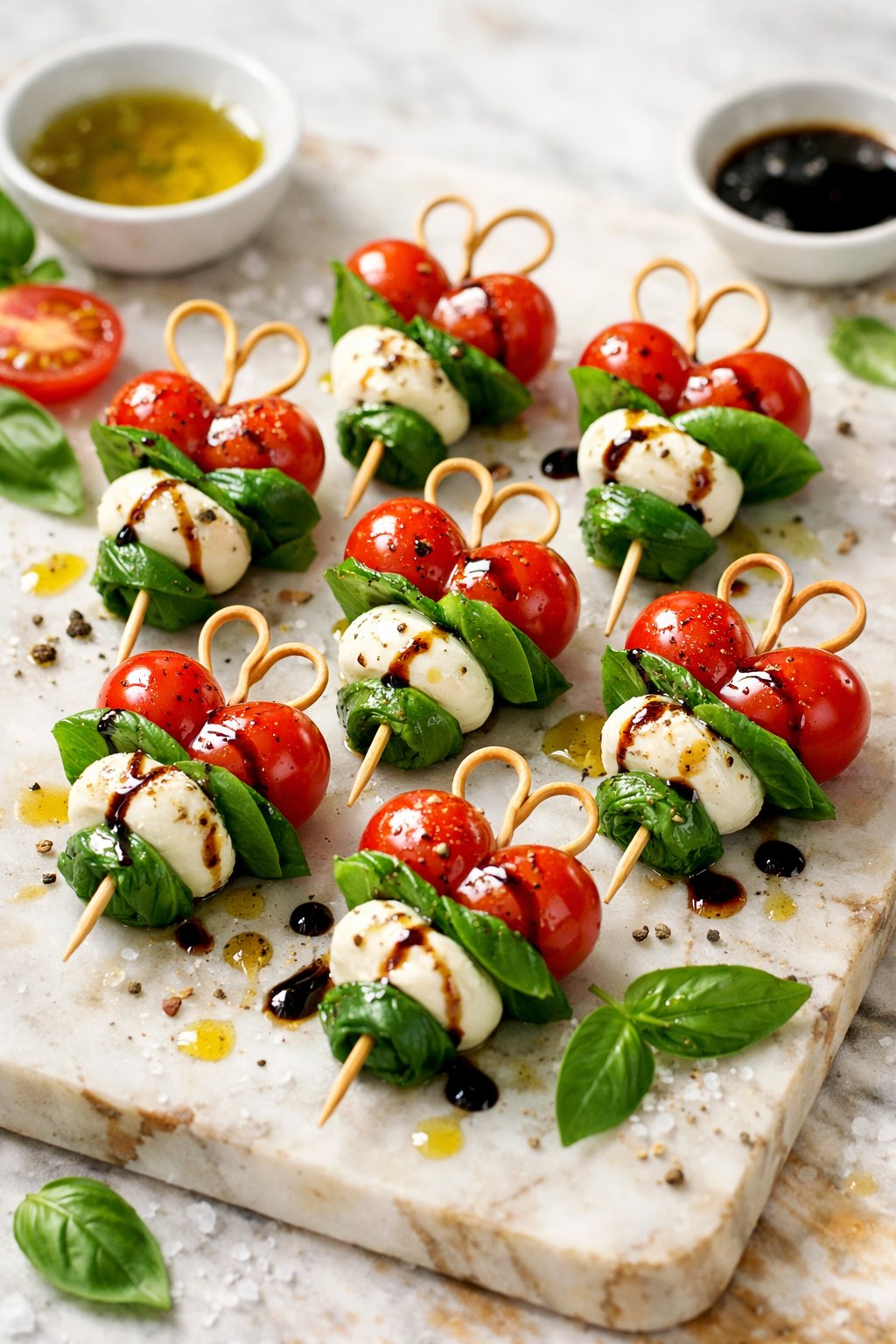 Heart-shaped Caprese skewers with cherry tomatoes, basil, and mozzarella on a rustic wooden or marble surface.