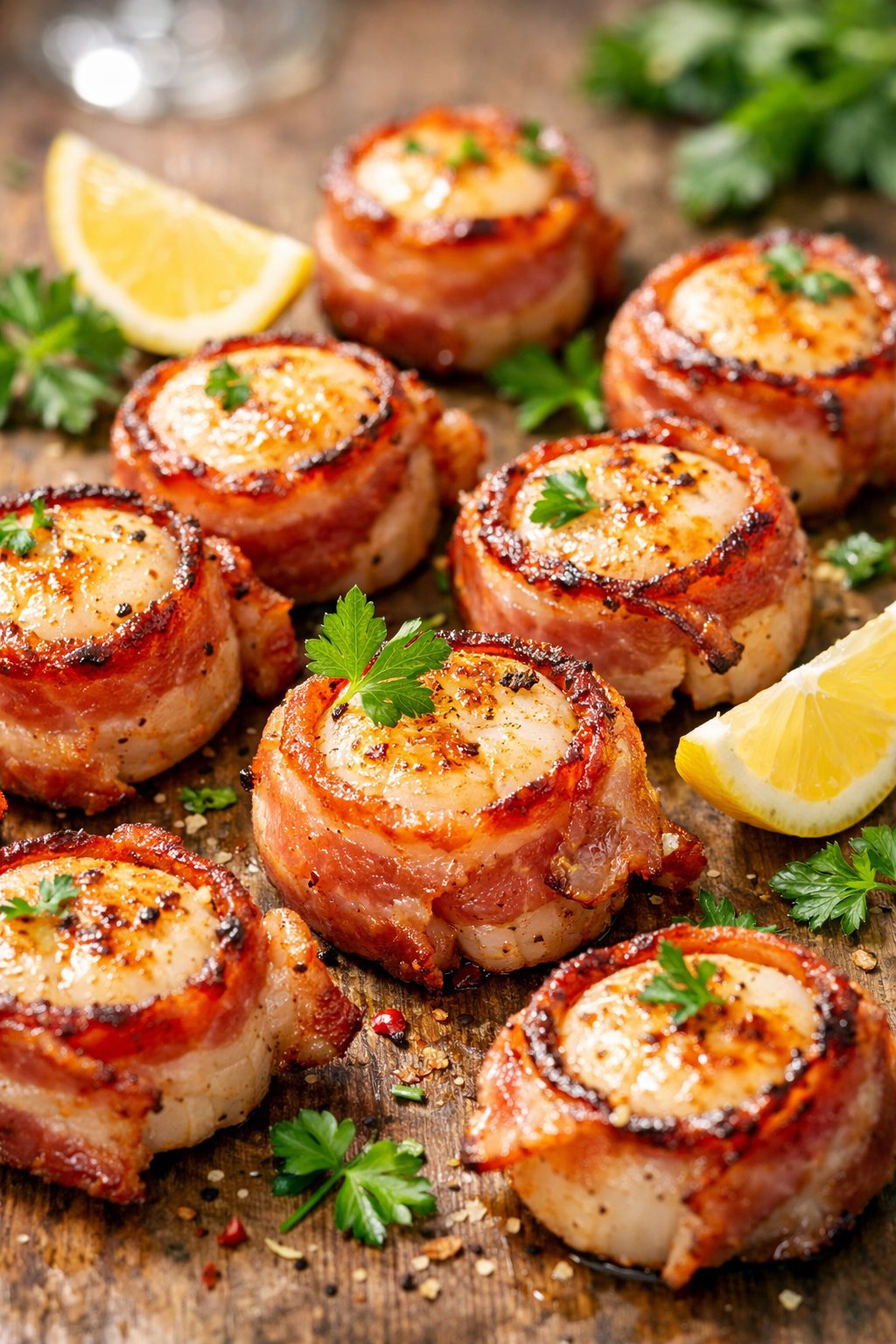 Close-up of bacon-wrapped scallops garnished with herbs and lemon on a rustic wood surface.