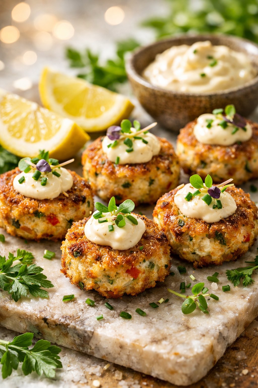 A plate of mini crab cakes with aioli, garnished with fresh herbs and lemon wedges on a wooden or marble surface.