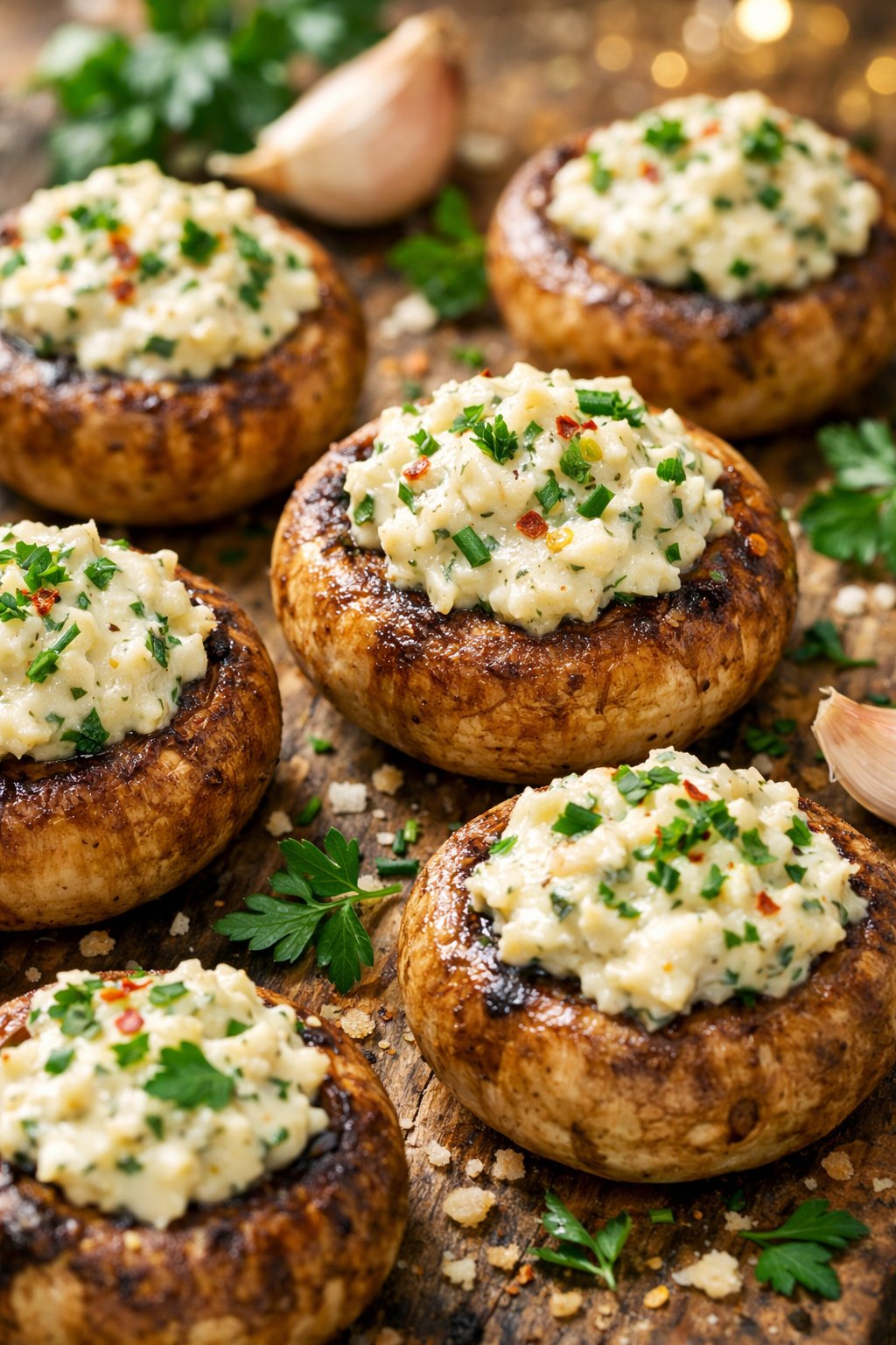 Close-up view of stuffed mushrooms filled with garlic and herb cheese on a rustic wooden surface.