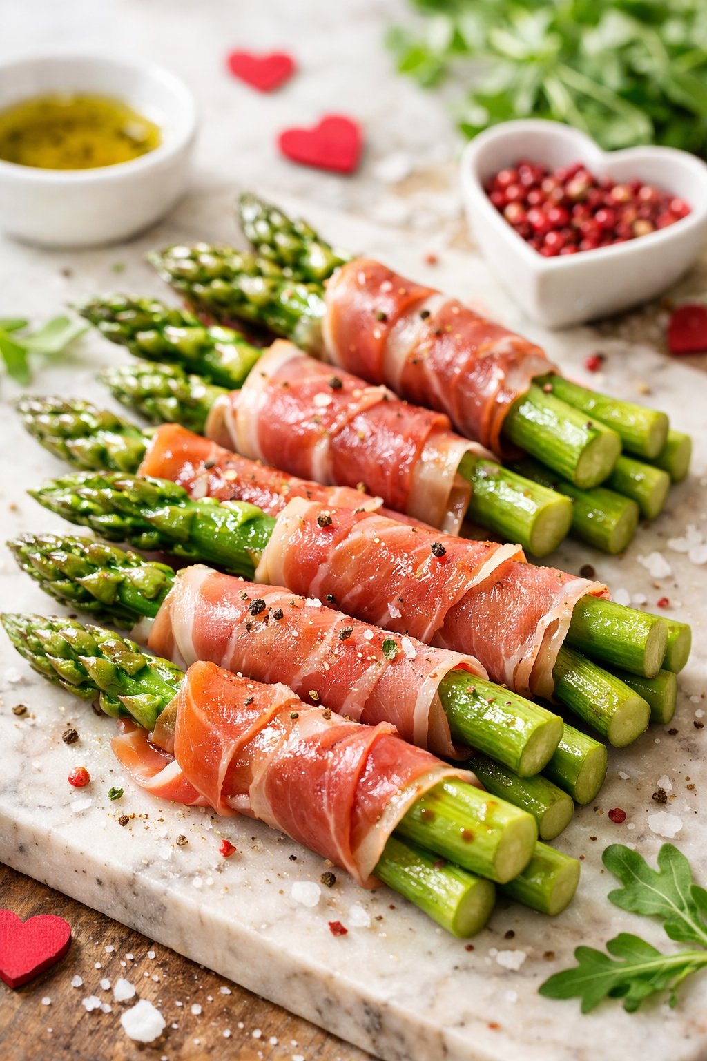Close-up of prosciutto-wrapped asparagus arranged on a rustic surface with fresh ingredients.