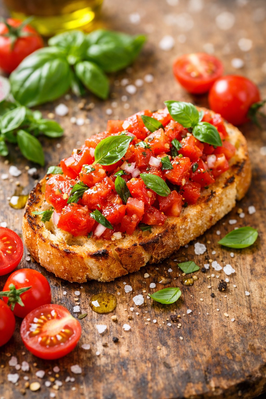 Close-up of bruschetta topped with tomato and basil on a rustic wooden or marble surface with fresh ingredients scattered around.