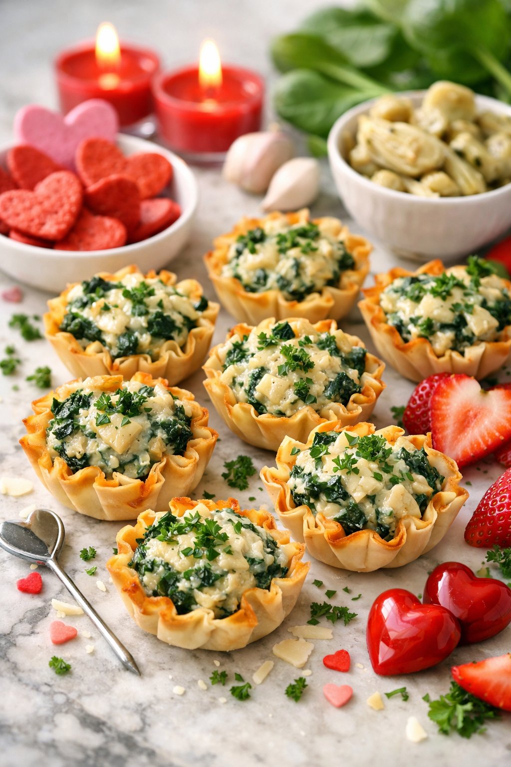 Close-up of spinach and artichoke dip cups on a rustic surface, surrounded by fresh ingredients and herbs.