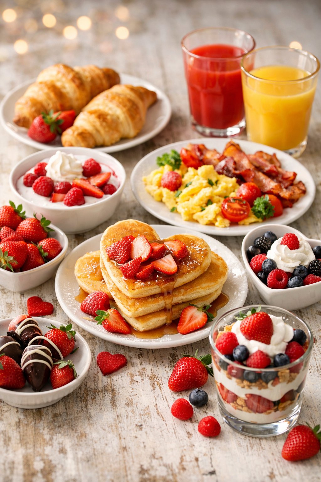 A Valentine's Day breakfast spread with seven different dishes including heart-shaped pancakes, fresh strawberries, croissants, berries, whipped cream, and colorful juices on a rustic surface.