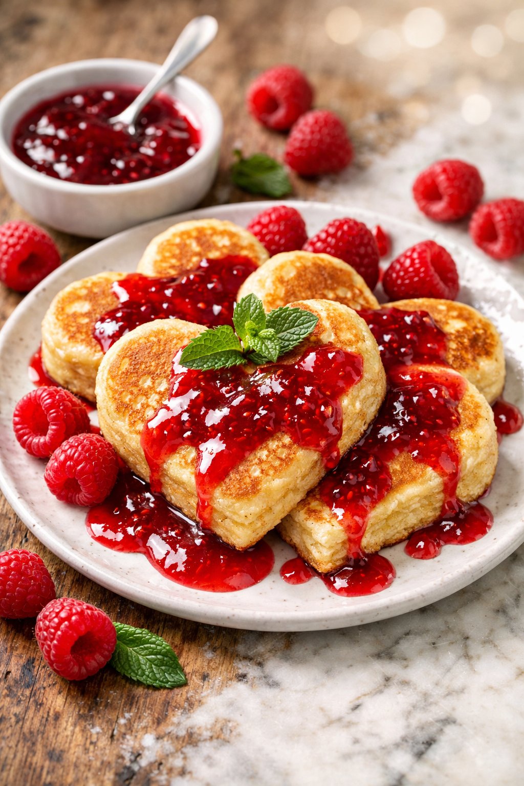 Heart-shaped fluffy pancakes topped with raspberry syrup on a rustic wood or marble surface, surrounded by fresh raspberries and mint.