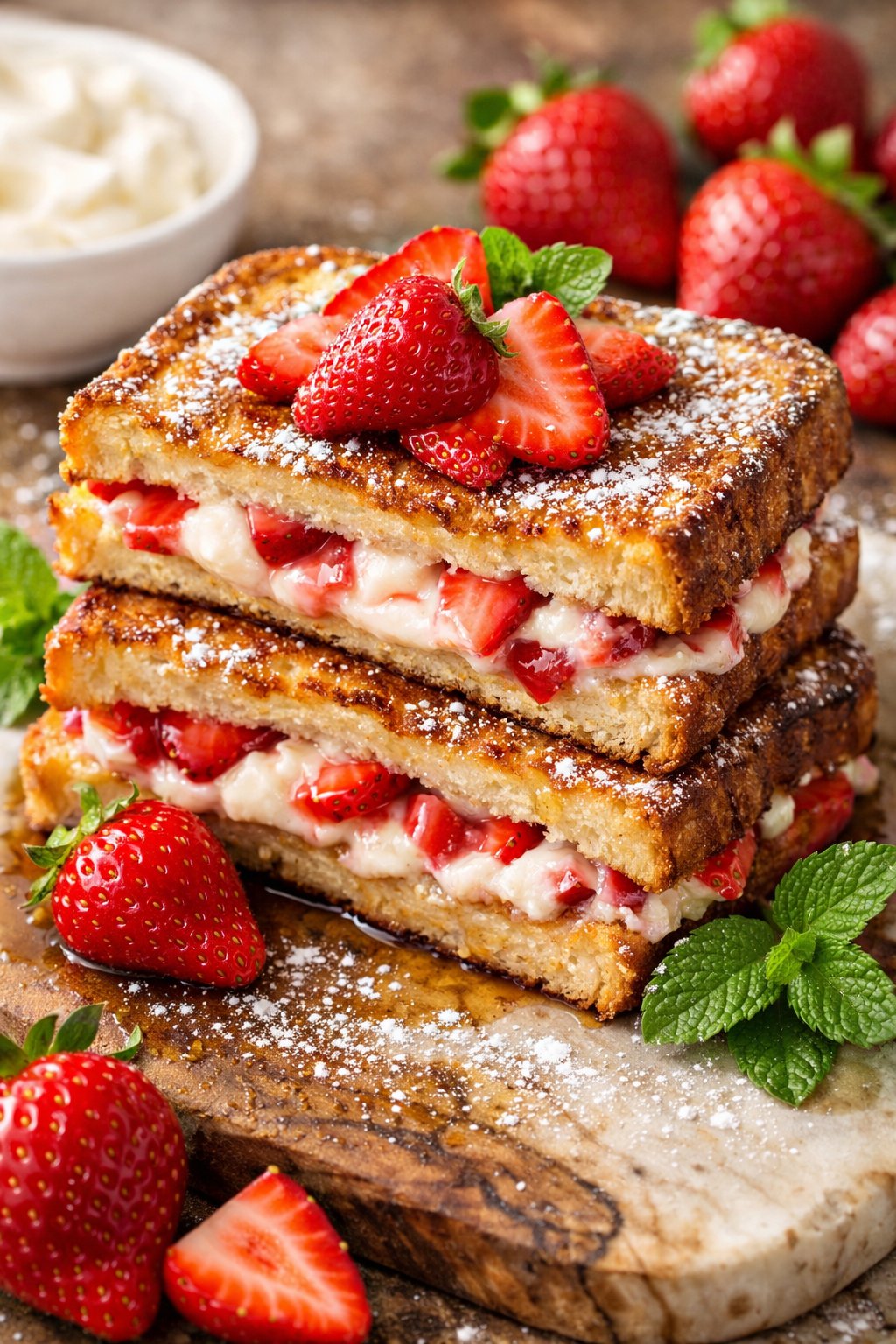 A plate of strawberry cream cheese stuffed French toast garnished with fresh strawberries and mint leaves on a rustic surface.