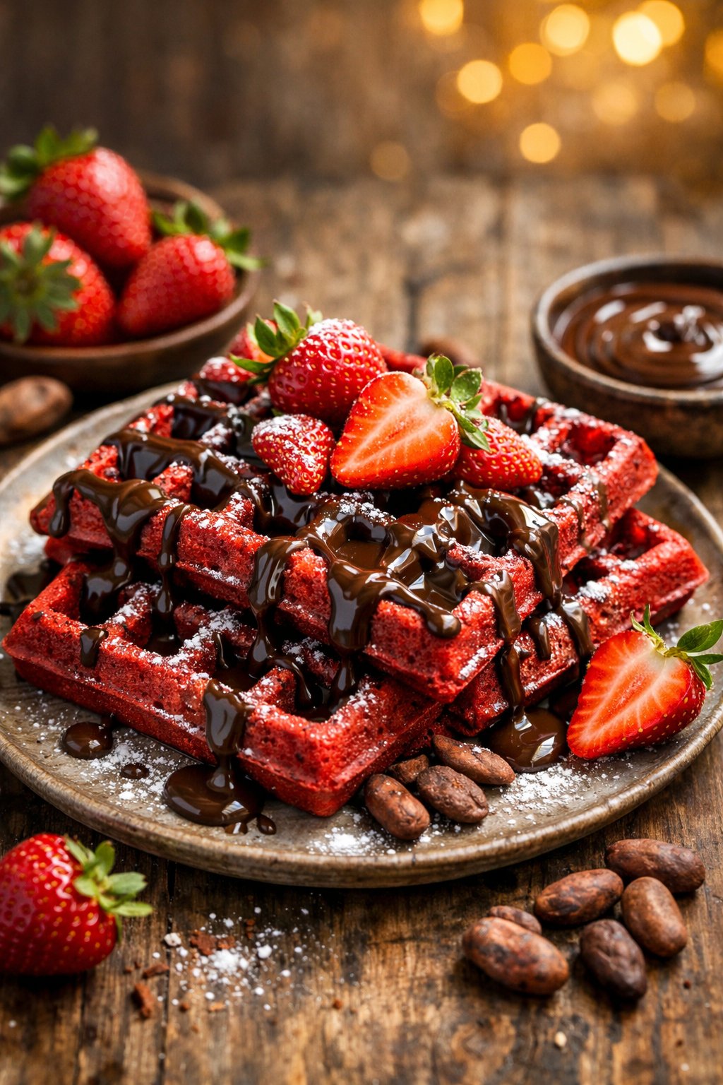 Plate of red velvet waffles with chocolate drizzle, fresh strawberries, and powdered sugar on a rustic wooden surface.