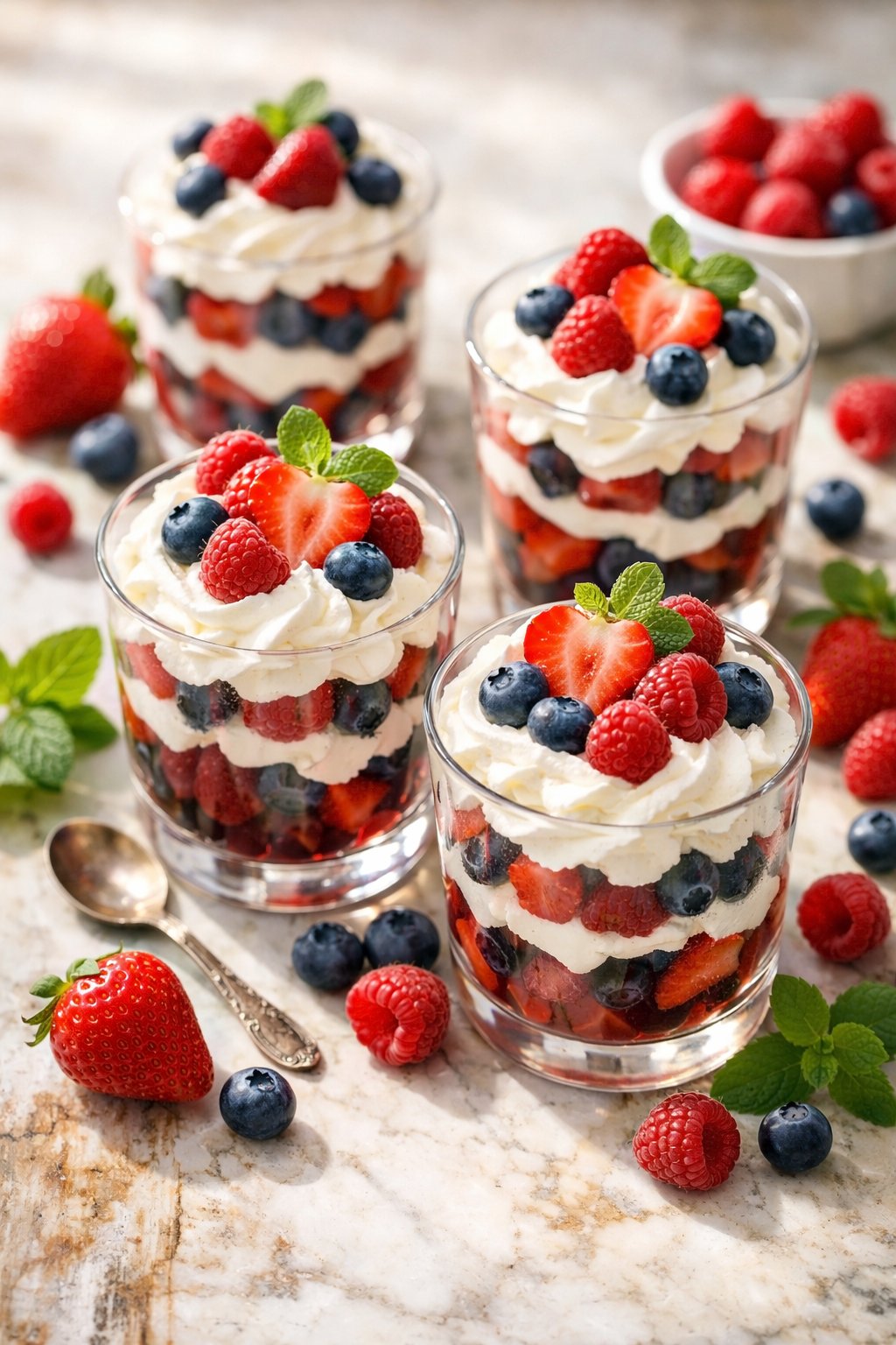 Several berry and whipped cream parfaits on a rustic wooden or marble surface, surrounded by fresh berries and mint leaves.