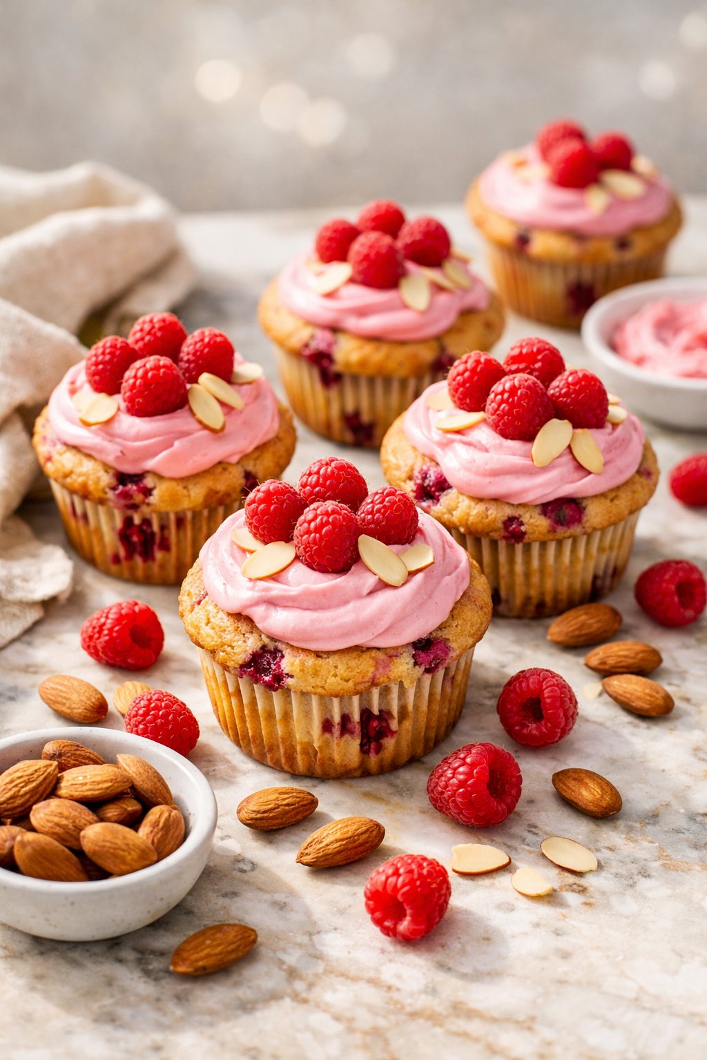 A close-up of raspberry almond muffins with pink frosting on a rustic surface, surrounded by fresh raspberries and almonds.