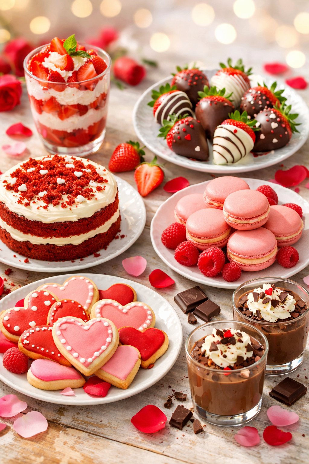 Six Valentine's Day dishes arranged on a wooden or marble surface with fresh ingredients like strawberries, chocolate, and rose petals.