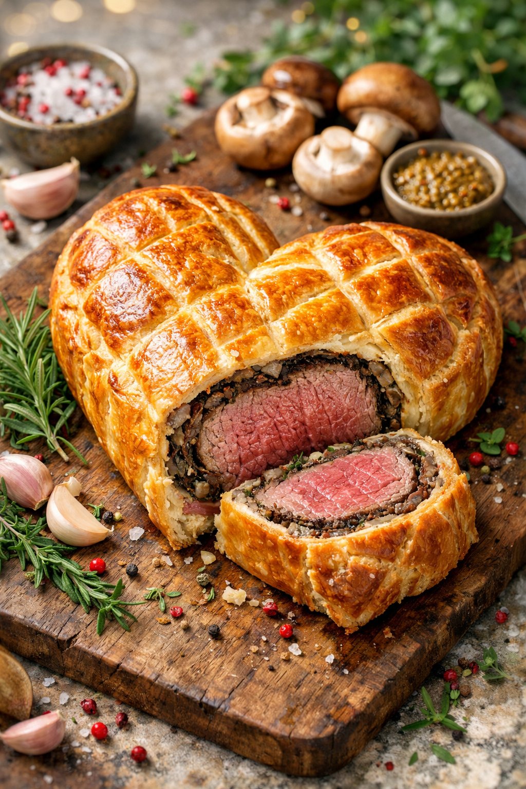 A heart-shaped beef Wellington on a rustic surface surrounded by fresh herbs and ingredients.