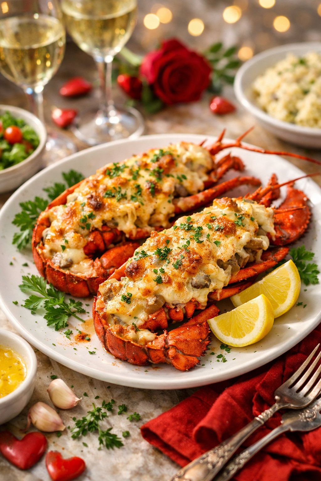 A close-up of a Lobster Thermidor dish served on a rustic surface with fresh herbs and lemon wedges, surrounded by softly blurred background elements.