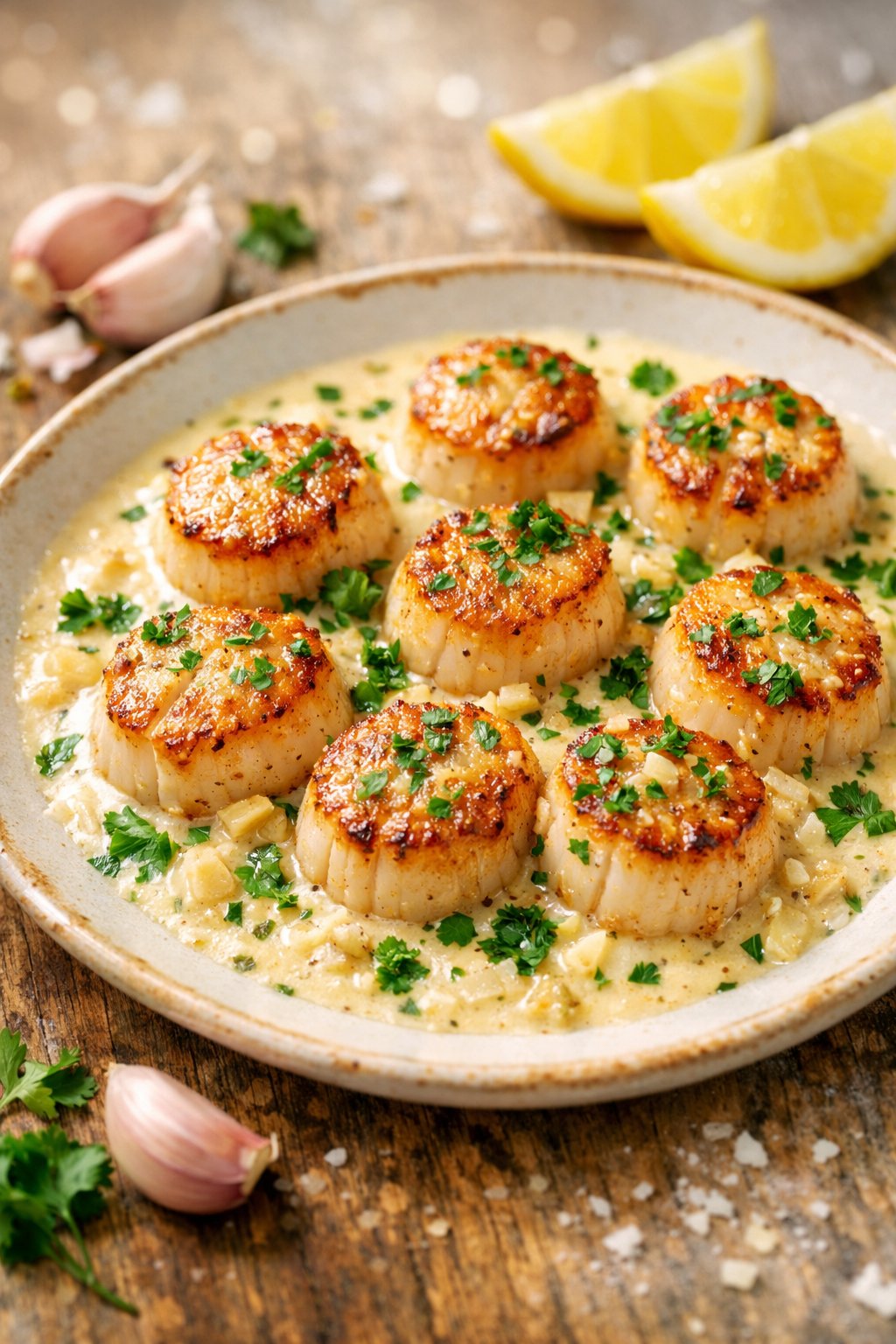 Close-up of creamy garlic parmesan scallops on a rustic surface with fresh parsley and lemon wedges.