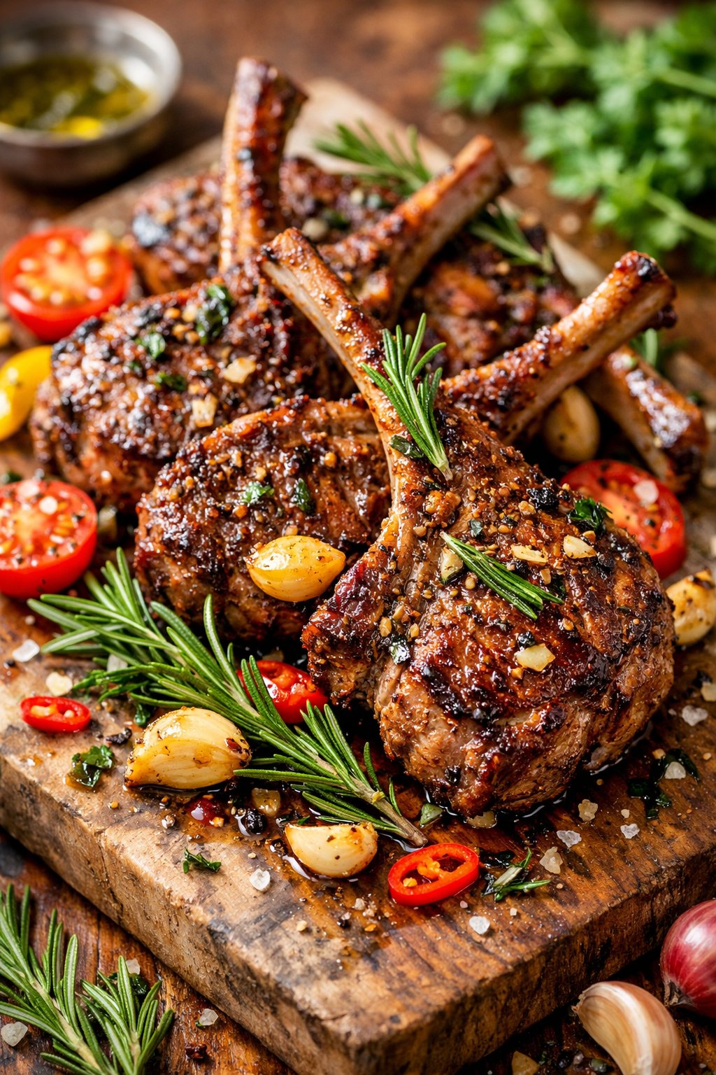 Close-up of roasted lamb chops garnished with rosemary and garlic on a wooden or marble surface with fresh herbs and vegetables around.