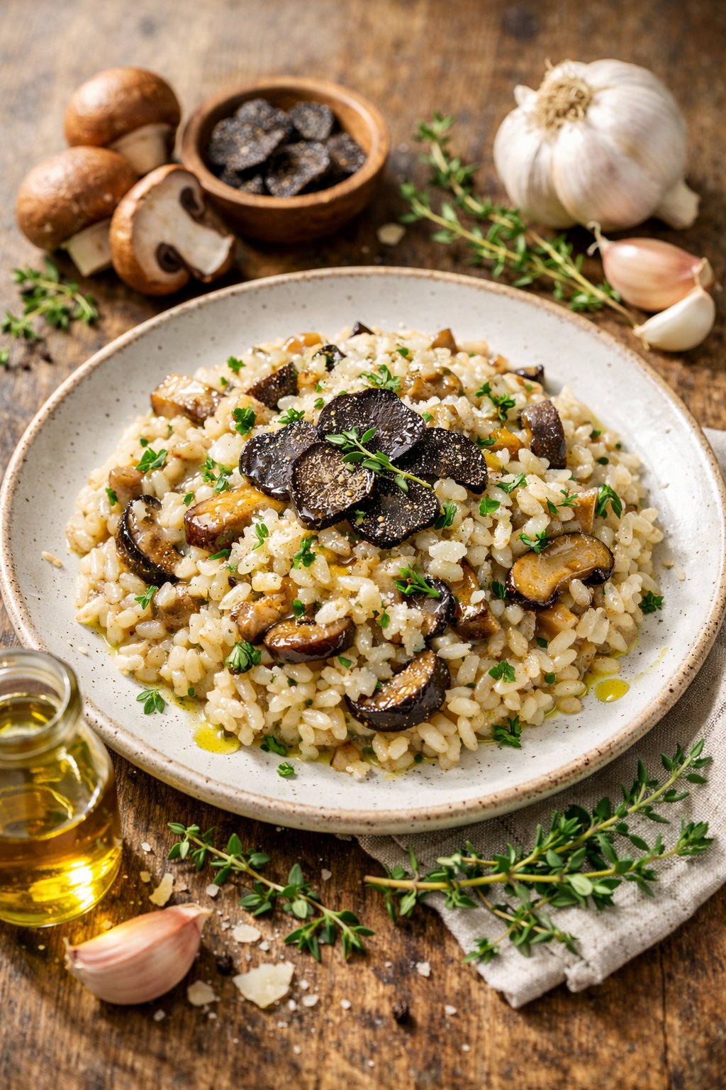 A plate of truffle mushroom risotto garnished with herbs and mushrooms on a rustic wood or marble surface with fresh ingredients around it.
