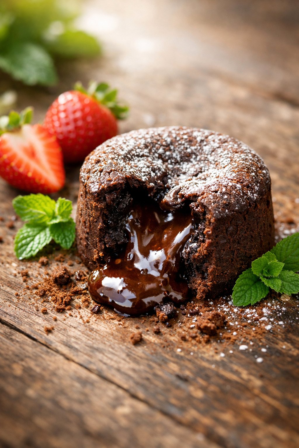 A chocolate lava cake cut open to show molten chocolate inside, placed on a rustic wood surface with strawberries and mint leaves around it.